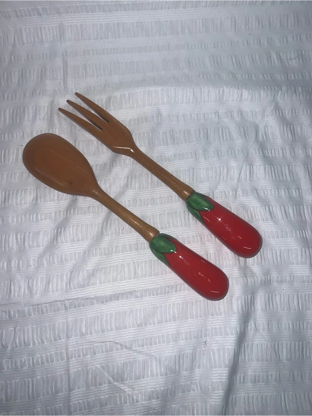 Wooden Salad Serving Set with Red Tomato Handles